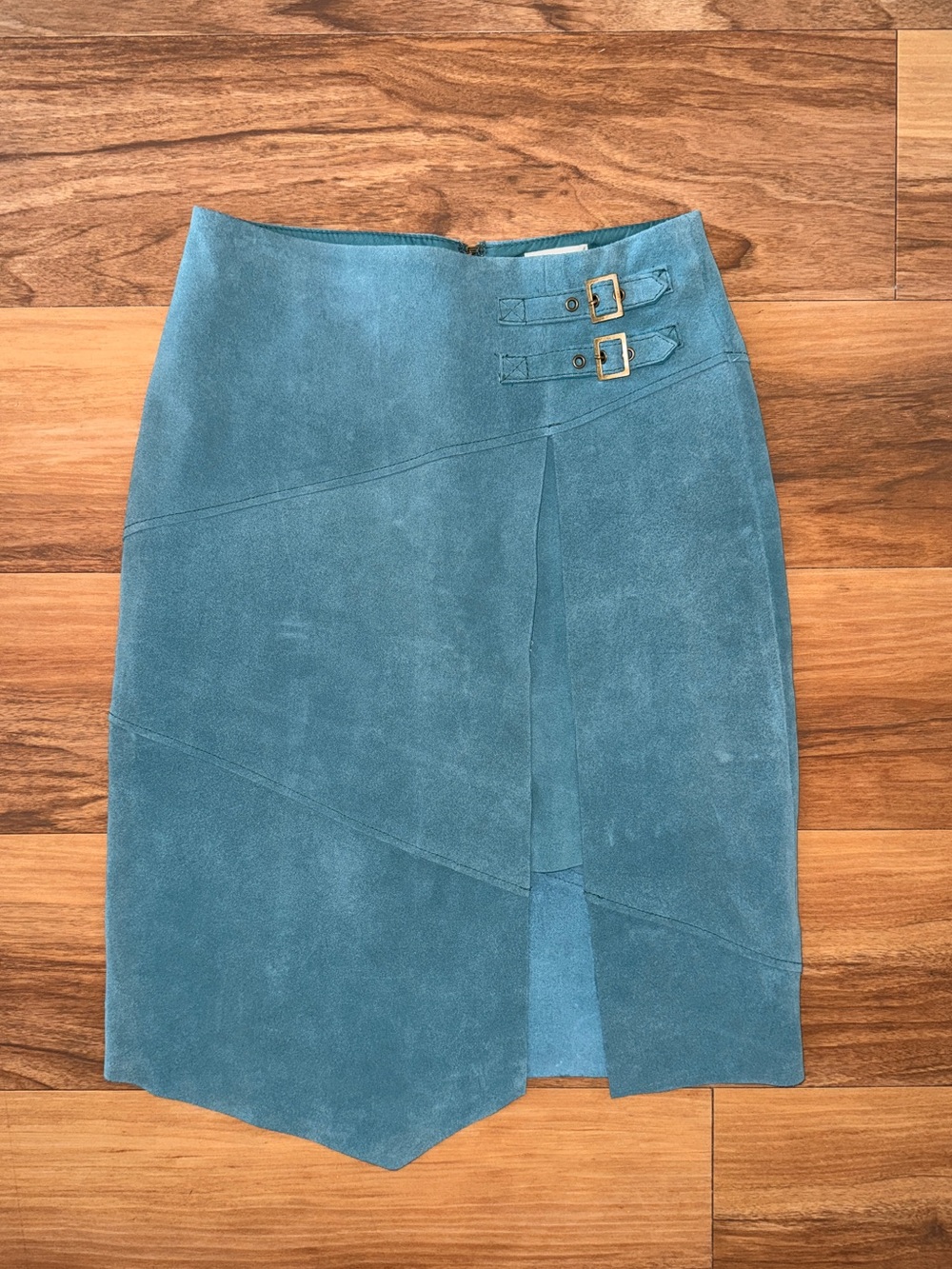 Leifsdottir for Anthropologie Pieced 100% Suede Skirt Teal Blue Leather, Size 0P